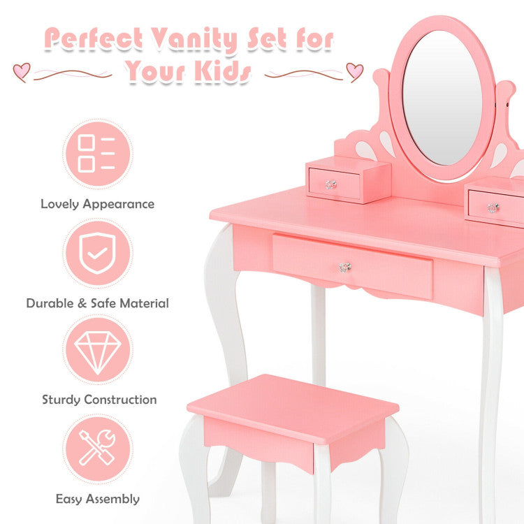 Kids Princess Makeup Dressing Vanity Table Chair Set with 360° Rotatable Mirror and Drawer