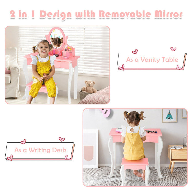 Kids Princess Makeup Dressing Vanity Table Chair Set with 360° Rotatable Mirror and Drawer