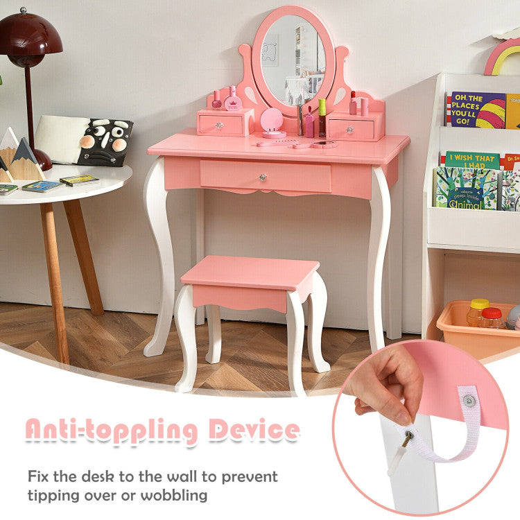 Kids Princess Makeup Dressing Vanity Table Chair Set with 360° Rotatable Mirror and Drawer