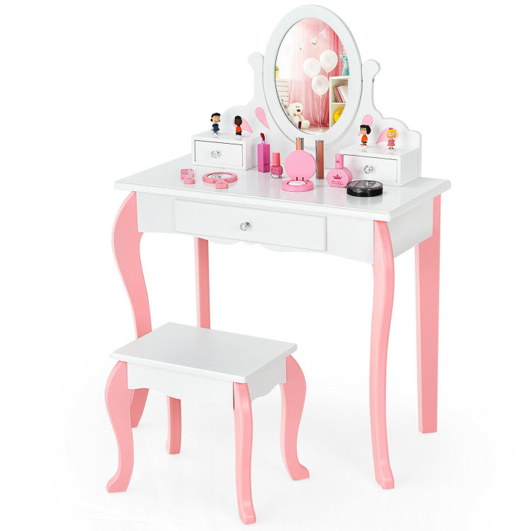 Kids Princess Makeup Dressing Vanity Table Chair Set with 360° Rotatable Mirror and Drawer