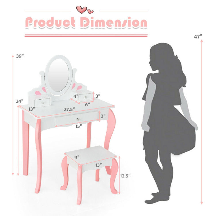 Kids Princess Makeup Dressing Vanity Table Chair Set with 360° Rotatable Mirror and Drawer