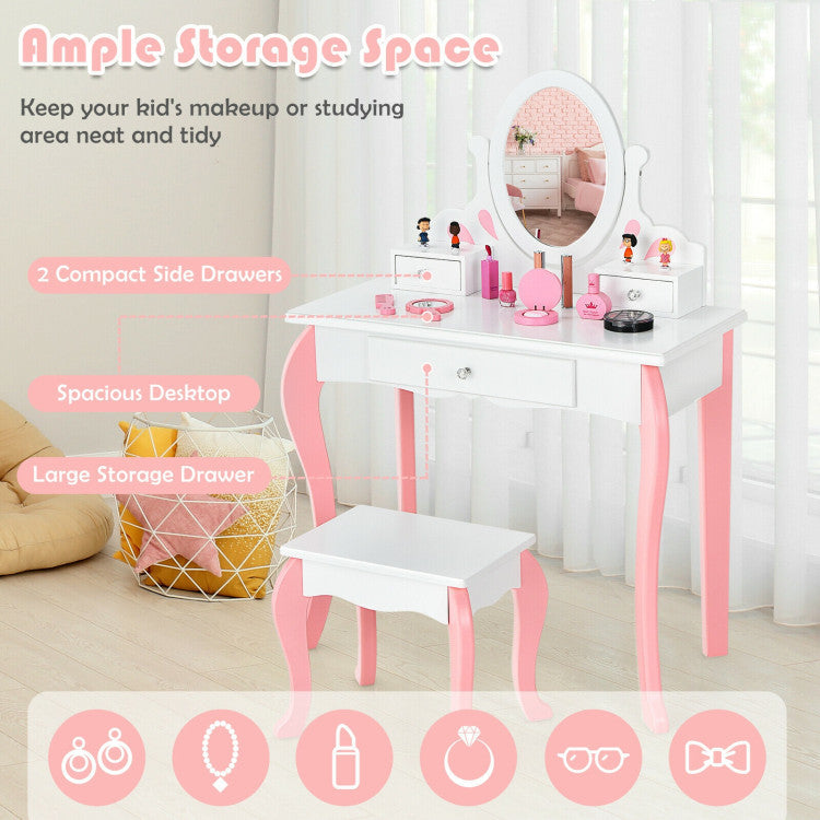 Kids Princess Makeup Dressing Vanity Table Chair Set with 360° Rotatable Mirror and Drawer