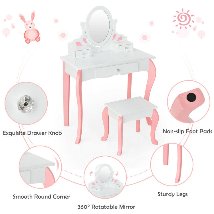 Kids Princess Makeup Dressing Vanity Table Chair Set with 360° Rotatable Mirror and Drawer