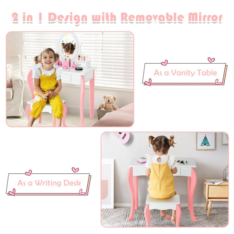 Kids Princess Makeup Dressing Vanity Table Chair Set with 360° Rotatable Mirror and Drawer