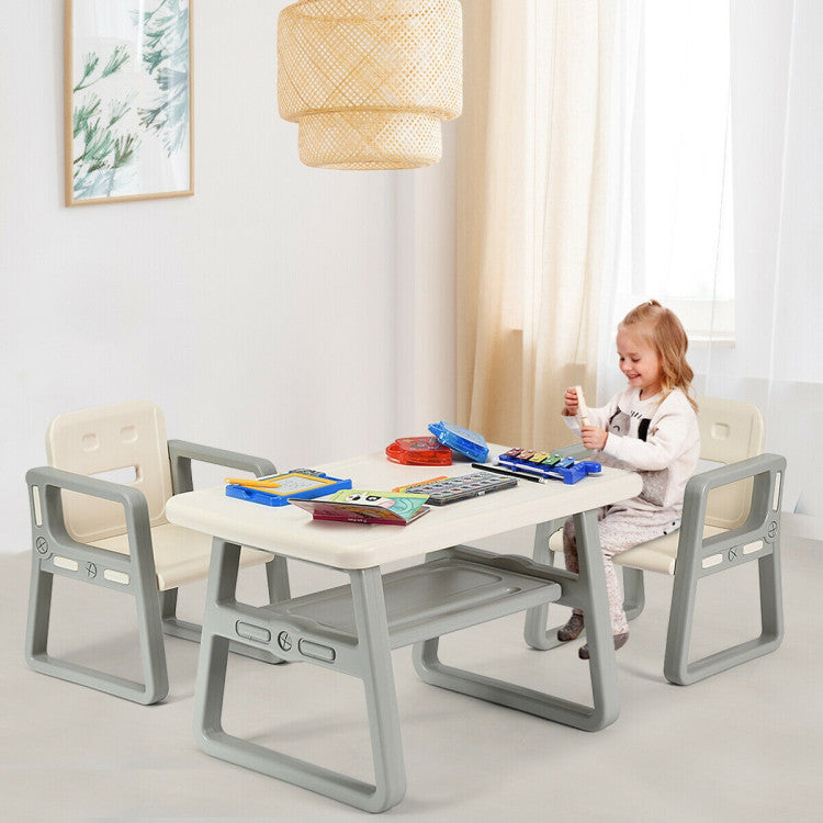 Kids Reading Drawing Table Chairs Set with Storage Shelf