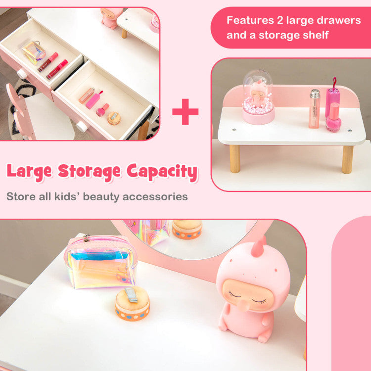 Kids Vanity Makeup Table and Chair Set with Drawer Shelf and Rabbit Mirror for Girls