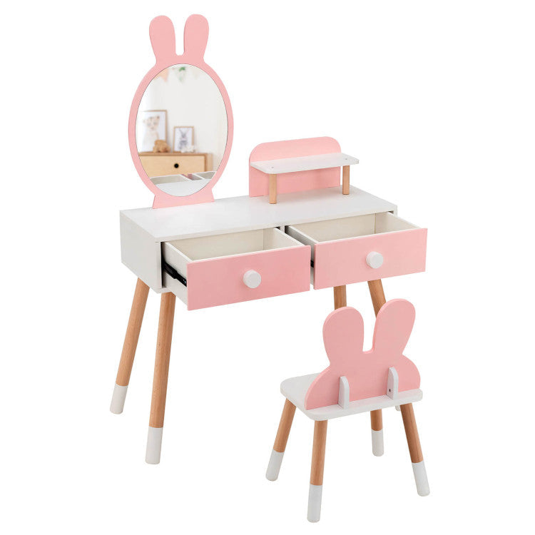 Kids Vanity Makeup Table and Chair Set with Drawer Shelf and Rabbit Mirror for Girls