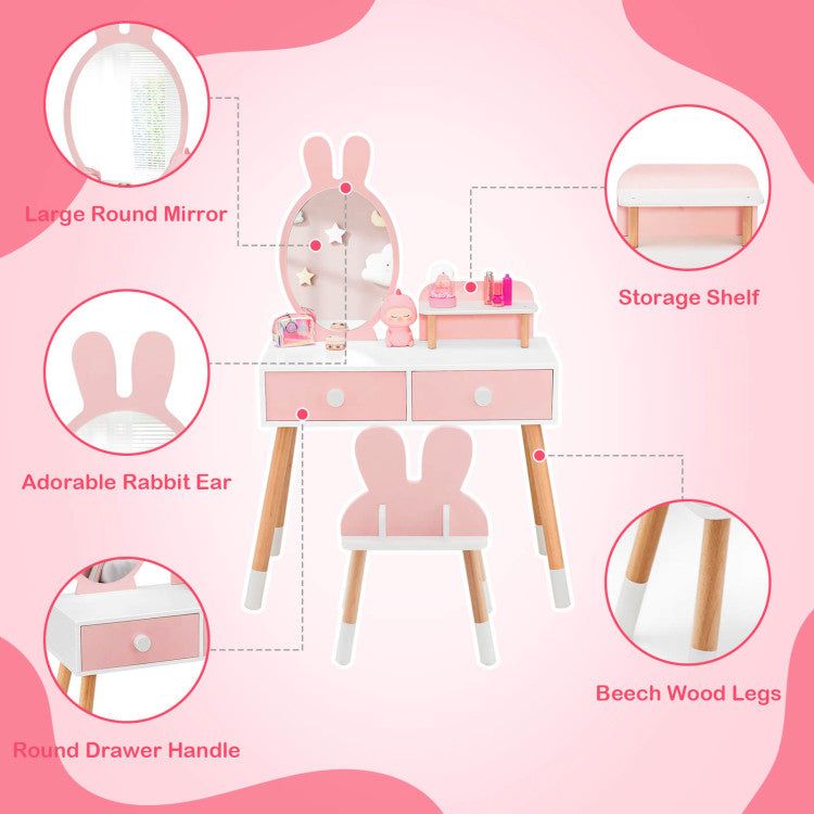 Kids Vanity Makeup Table and Chair Set with Drawer Shelf and Rabbit Mirror for Girls