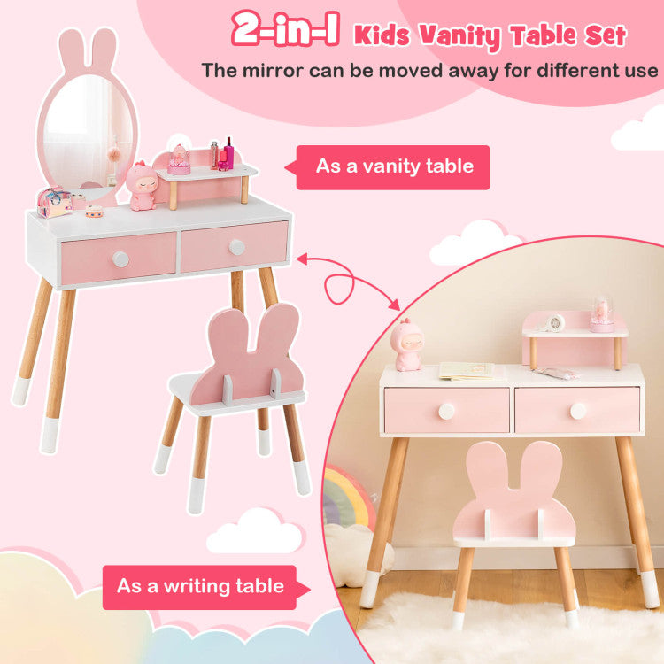 Kids Vanity Makeup Table and Chair Set with Drawer Shelf and Rabbit Mirror for Girls