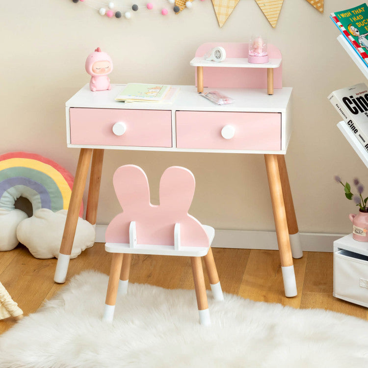 Kids Vanity Makeup Table and Chair Set with Drawer Shelf and Rabbit Mirror for Girls