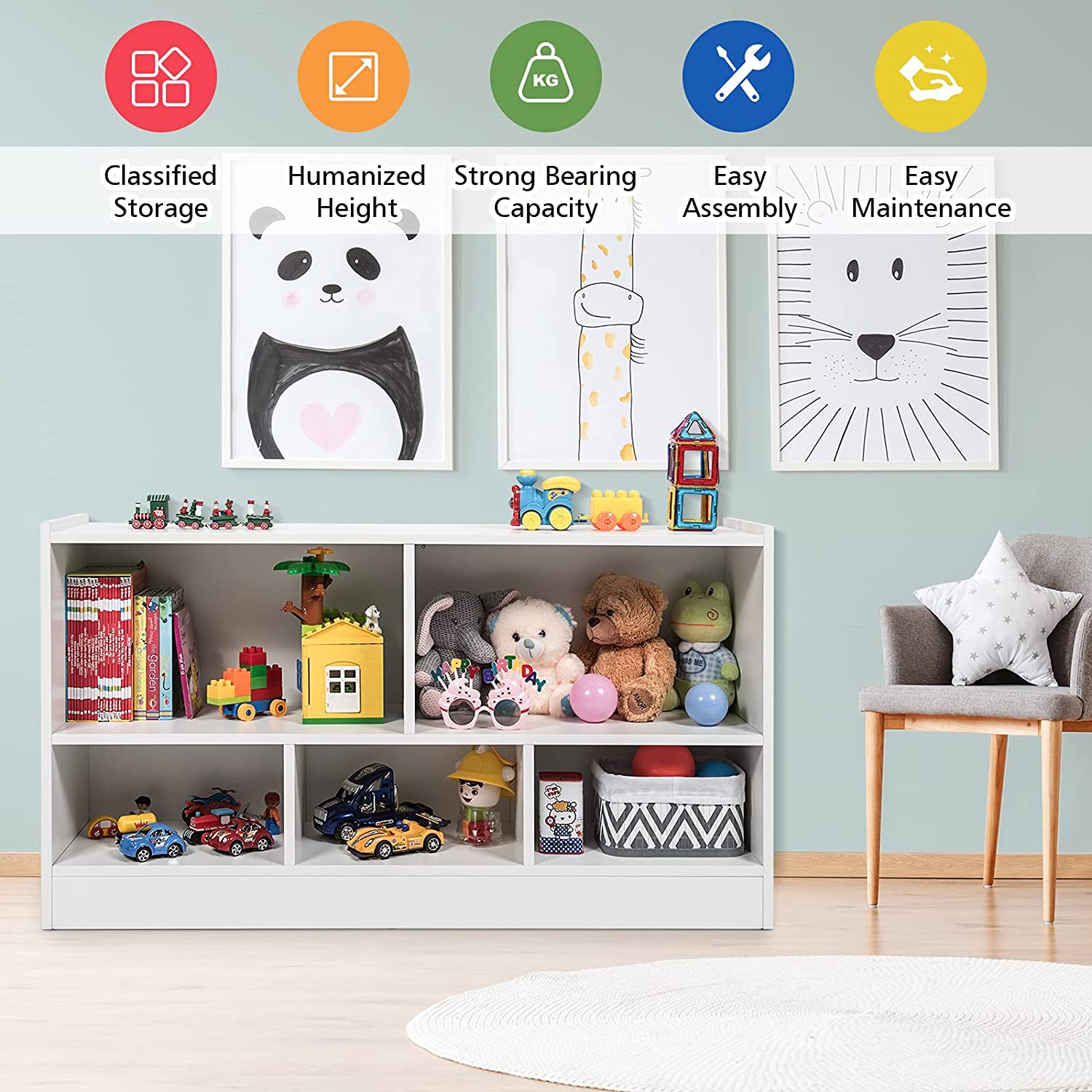 2-Shelf Bookcase 5-Cube Wood Kids Toy Storage Cabinet Organizer