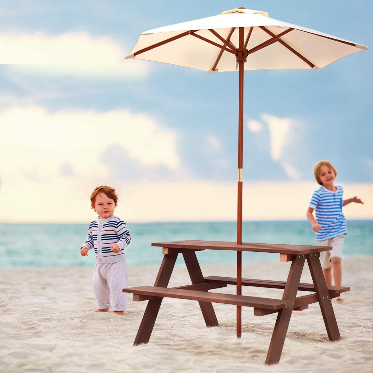 4-Seat Kids Outdoor Picnic Dining Table Bench Set with Removable Umbrella