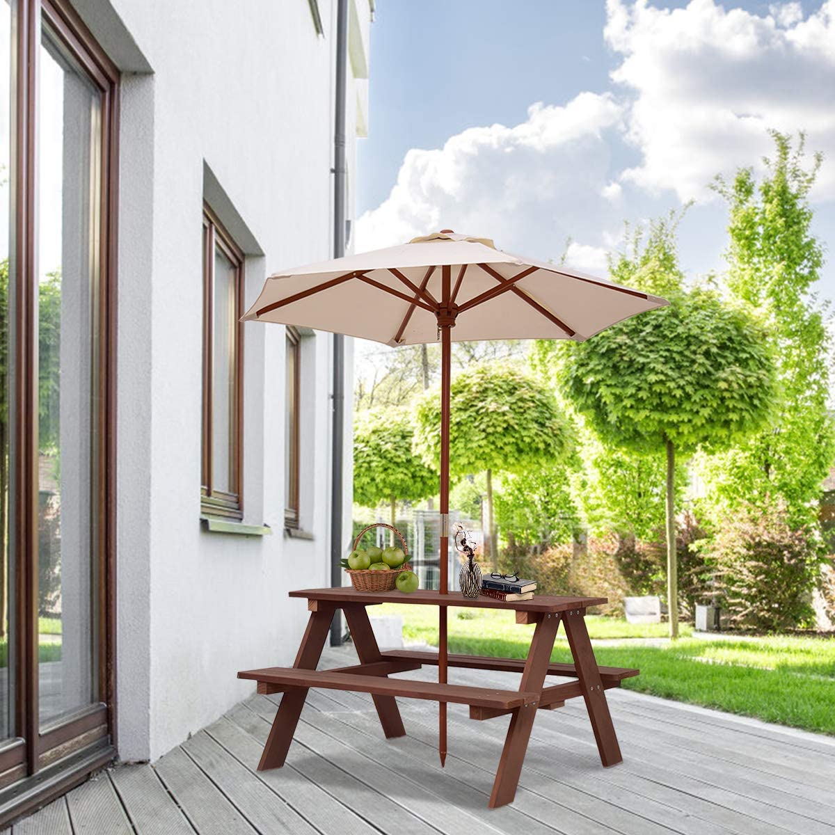 4-Seat Kids Outdoor Picnic Dining Table Bench Set with Removable Umbrella