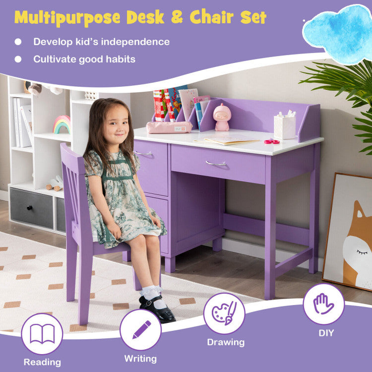 Kids Wooden Writing Table Chair Furniture Set with Drawer and Storage Cabinet