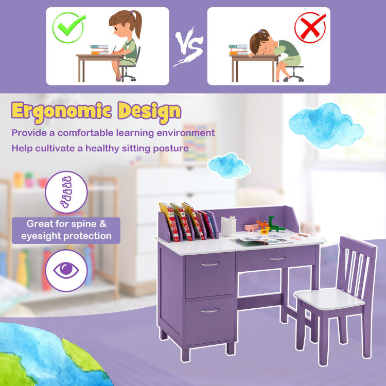 Kids Wooden Writing Table Chair Furniture Set with Drawer and Storage Cabinet