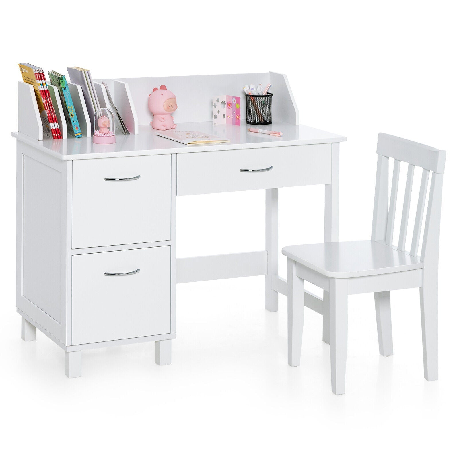 Kids Wooden Writing Table Chair Furniture Set with Drawer and Storage Cabinet