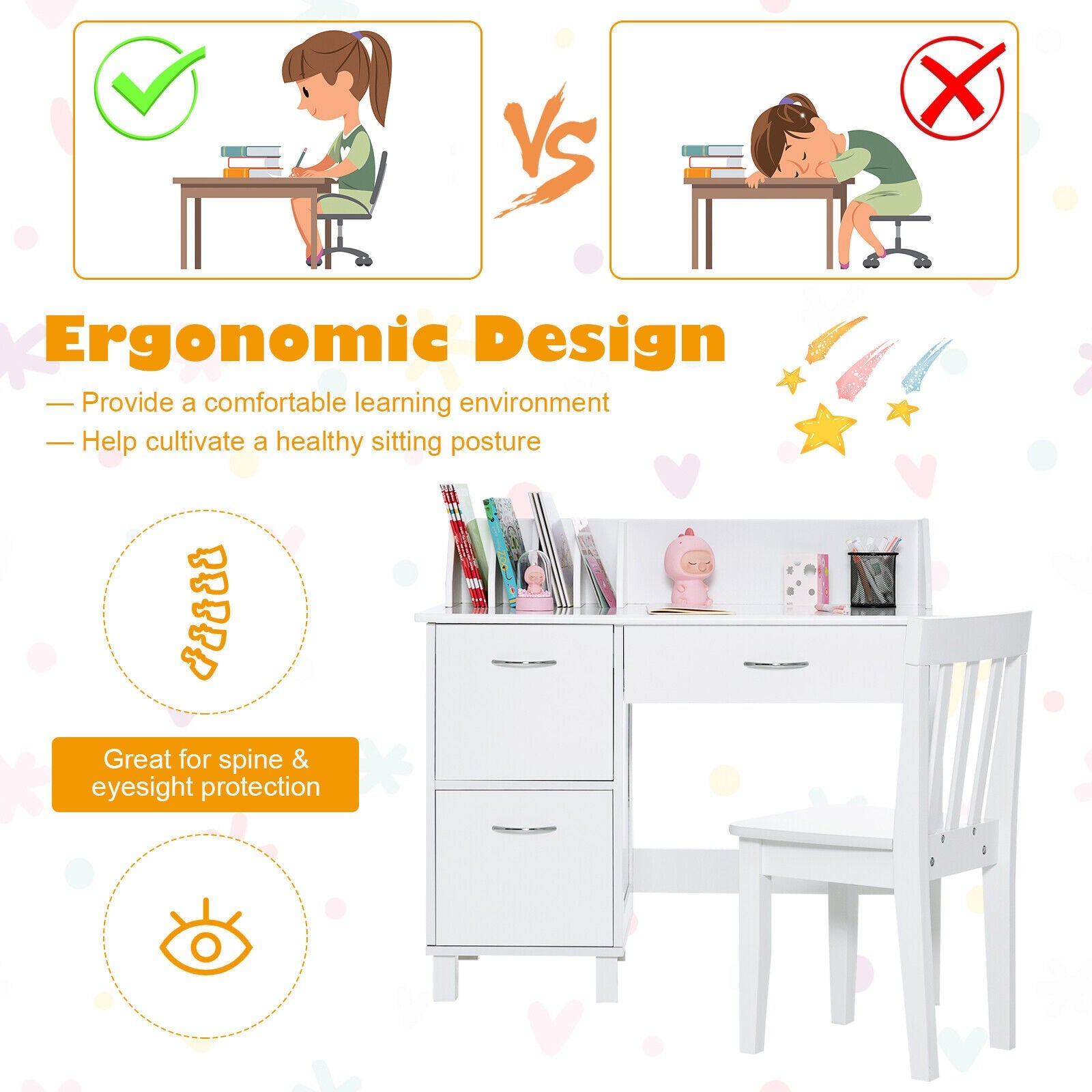 Kids Wooden Writing Table Chair Furniture Set with Drawer and Storage Cabinet