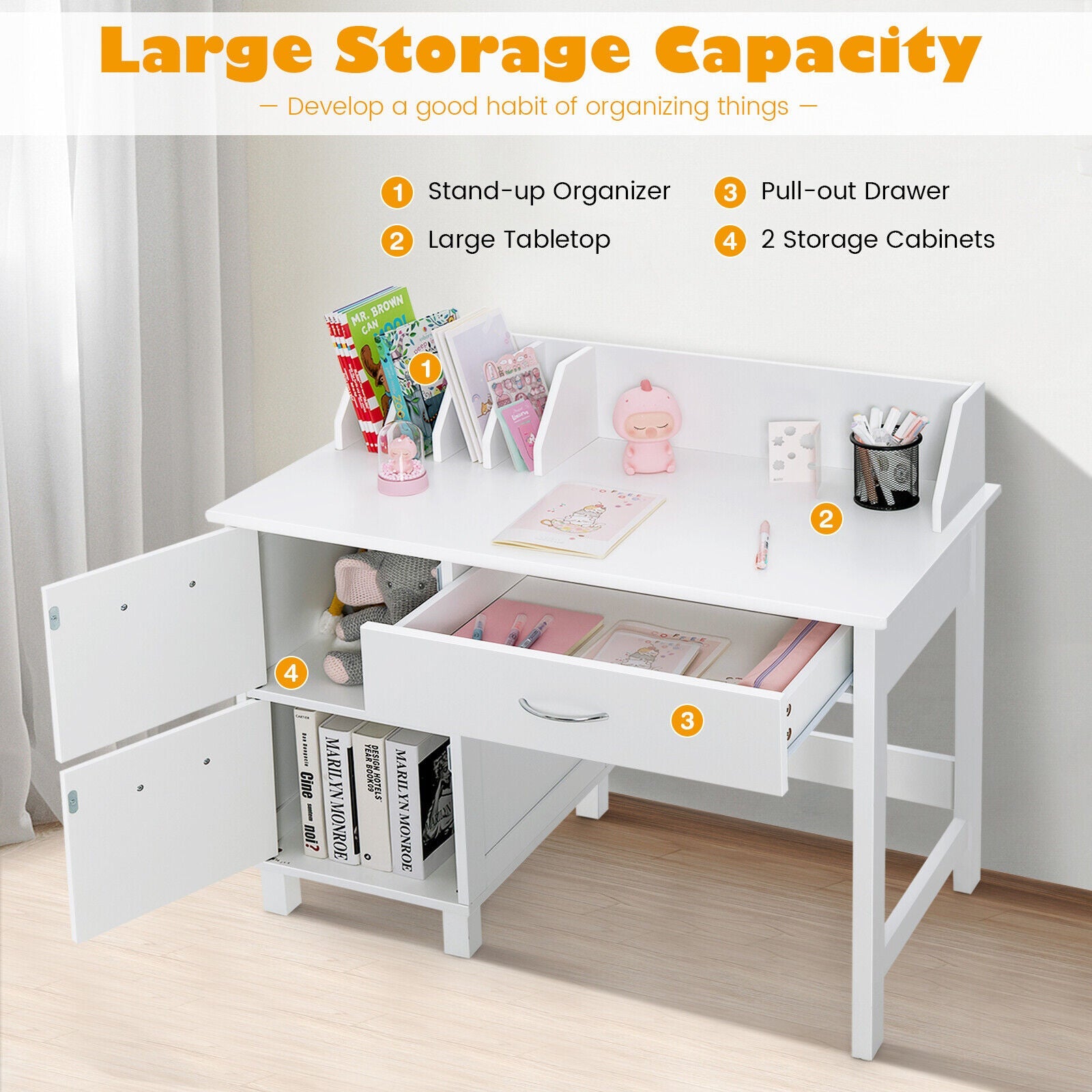 Kids Wooden Writing Table Chair Furniture Set with Drawer and Storage Cabinet