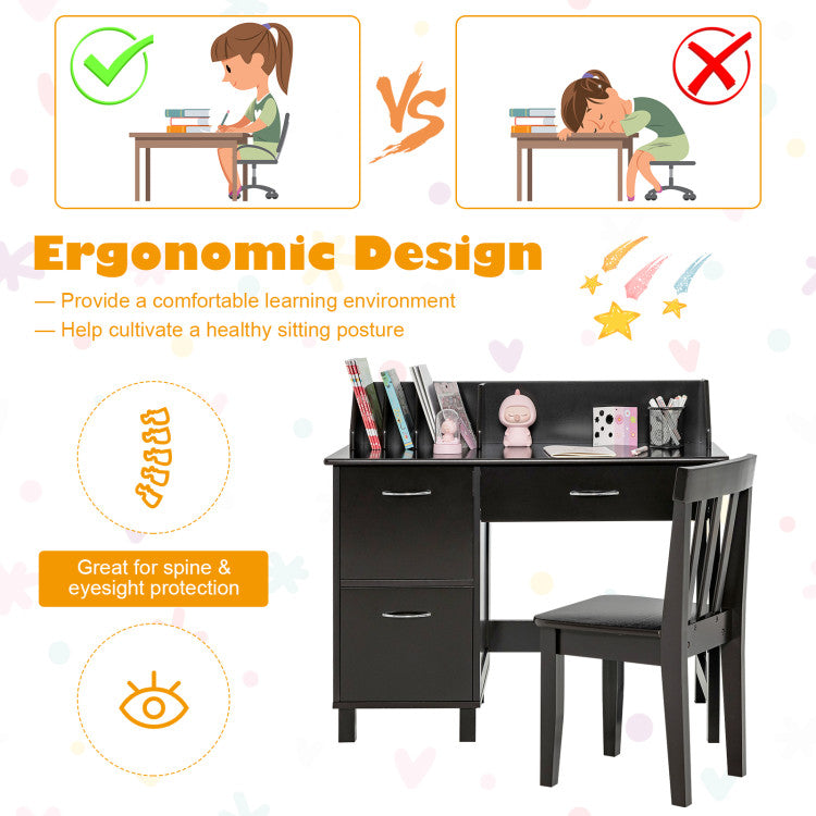 Kids Wooden Writing Table Chair Furniture Set with Drawer and Storage Cabinet