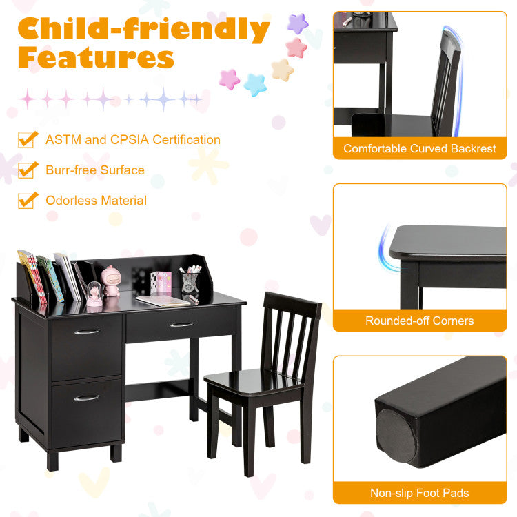 Kids Wooden Writing Table Chair Furniture Set with Drawer and Storage Cabinet