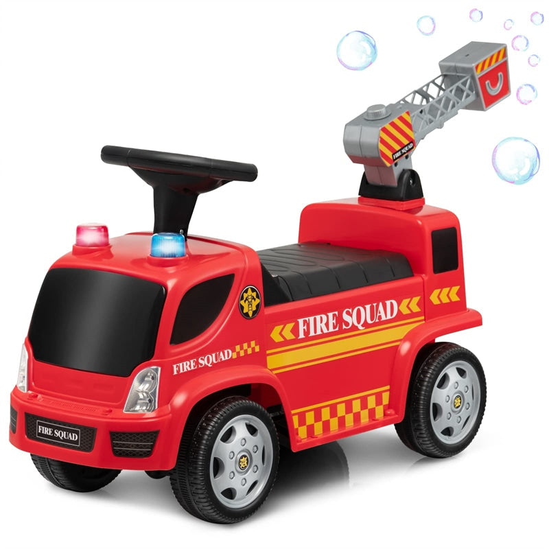 Kids Ride On Fire Truck Foot-to-Floor Sliding Push Car for Toddlers with Ladder Bubble Maker Headlights Music