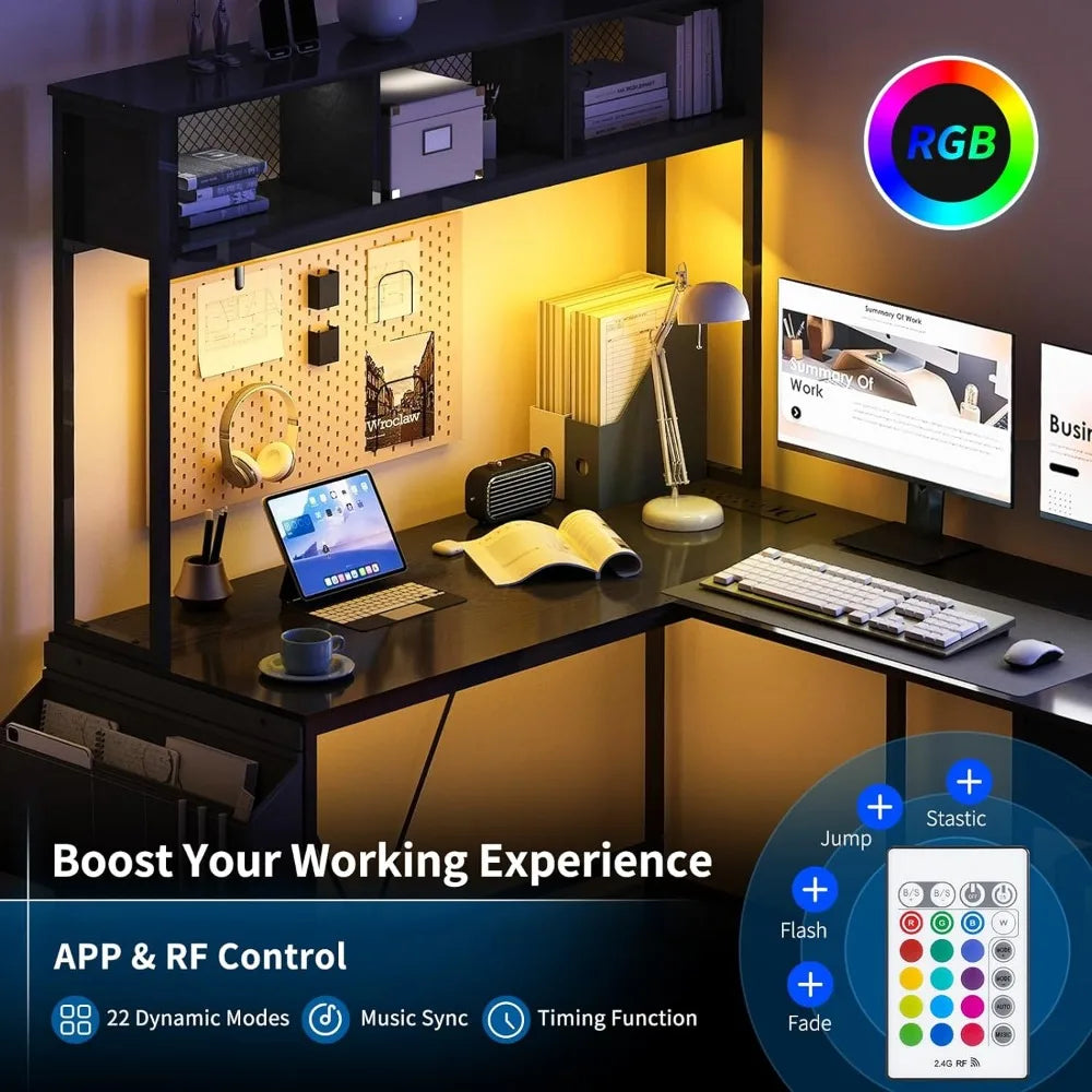 L-Shaped Gaming Desk: LED Strip, Power Outlet & Storage | Reversible Corner Desk with Drawer & Shelf - ElitePlayPro