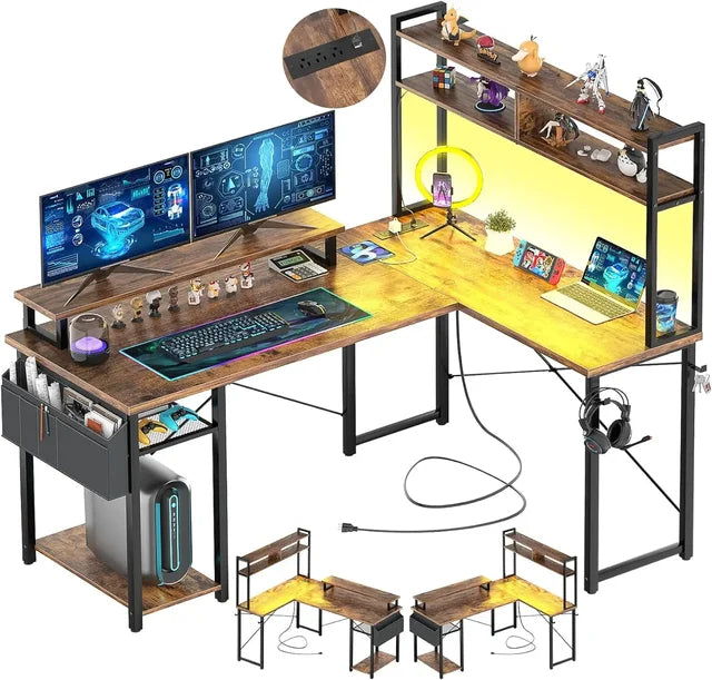 L-Shaped Desk with Charging Port & LED Strip: Reversible Gaming Desk with Monitor Stand & Storage Shelf - ElitePlayPro