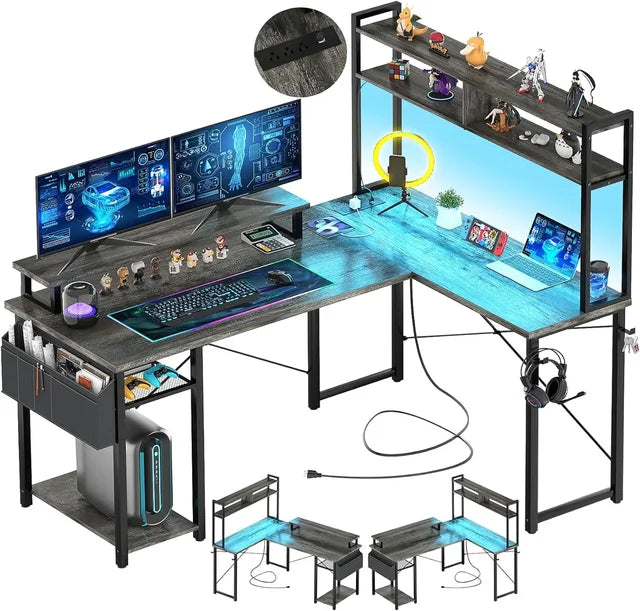 L-Shaped Desk with Charging Port & LED Strip: Reversible Gaming Desk with Monitor Stand & Storage Shelf - ElitePlayPro