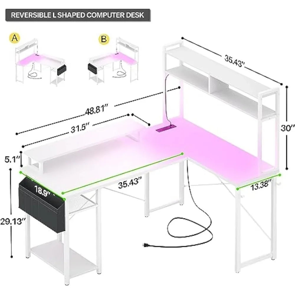 L-Shaped Desk with Charging Port & LED Strip: Reversible Gaming Desk with Monitor Stand & Storage Shelf - ElitePlayPro