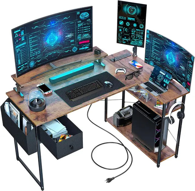 47" L-Shaped Gaming Desk with LED Lights, Adjustable Stand, Power Outlets, and Storage Drawer - ElitePlayPro