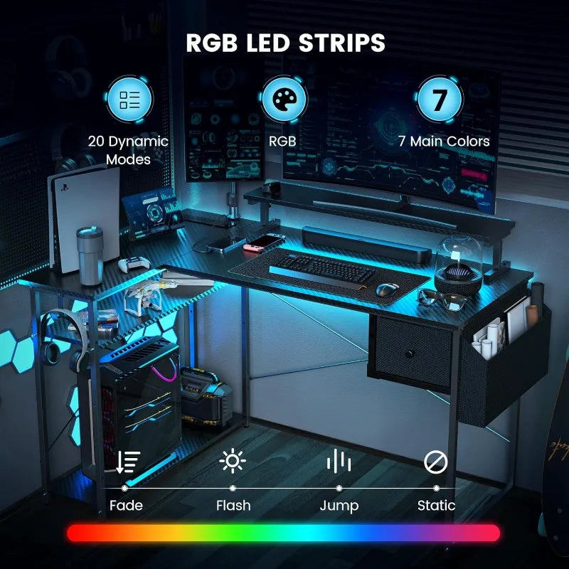 47" L-Shaped Gaming Desk with LED Lights, Adjustable Stand, Power Outlets, and Storage Drawer - ElitePlayPro