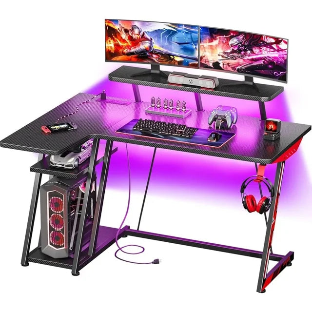 L-Shaped Gaming Desk: LED Lights & Power Outlets, Carbon Fiber Finish - ElitePlayPro