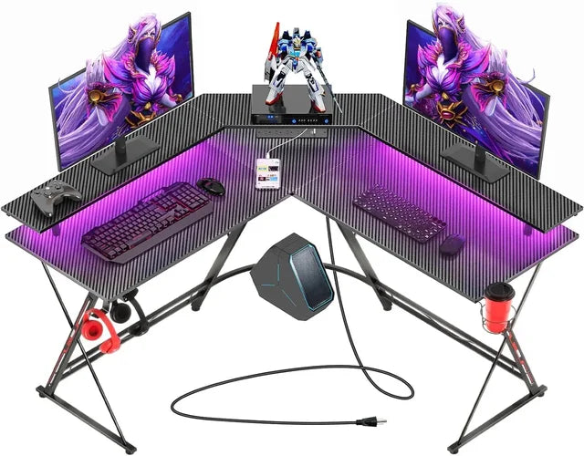 L-Shaped Gaming Desk with LED Lights & Outlets, 50.4” Desk with Monitor Stand & Carbon Fiber Surface - ElitePlayPro