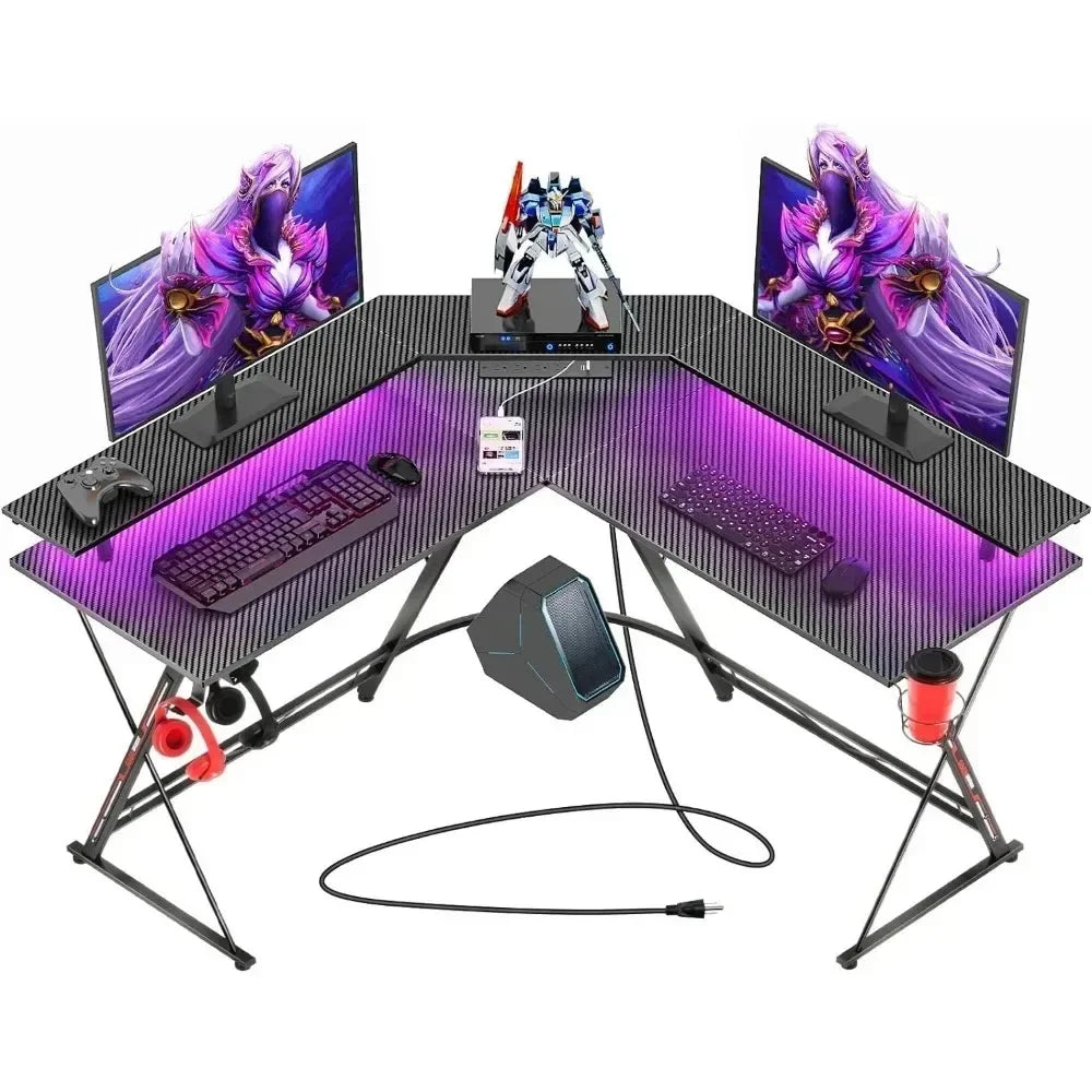 L-Shaped Gaming Desk with LED Lights & Outlets, 50.4” Desk with Monitor Stand & Carbon Fiber Surface - ElitePlayPro