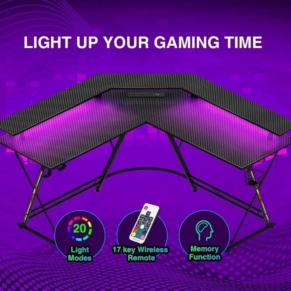 L-Shaped Gaming Desk with LED Lights & Outlets, 50.4” Desk with Monitor Stand & Carbon Fiber Surface - ElitePlayPro