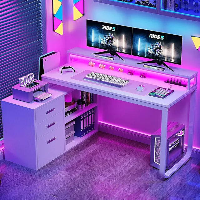 L-Shaped Desk with 3 Drawers, Power Outlet & LED Light, Home Office Table with Cabinet - ElitePlayPro