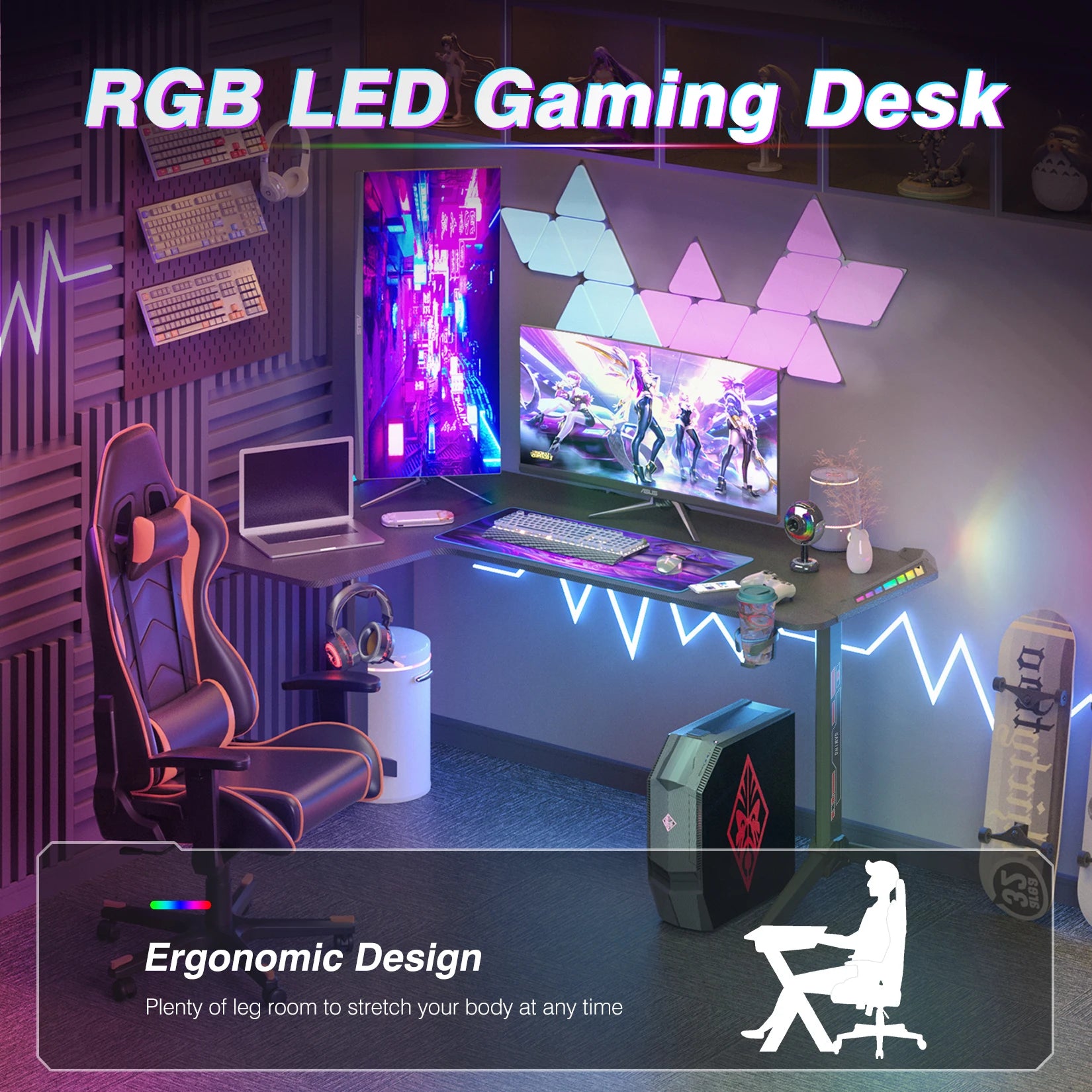 L-Shaped Standing Desk with RGB LED, 60" Gaming Desk for Home - ElitePlayPro