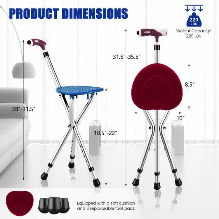 Lightweight Adjustable Folding Cane Seat with LED Light