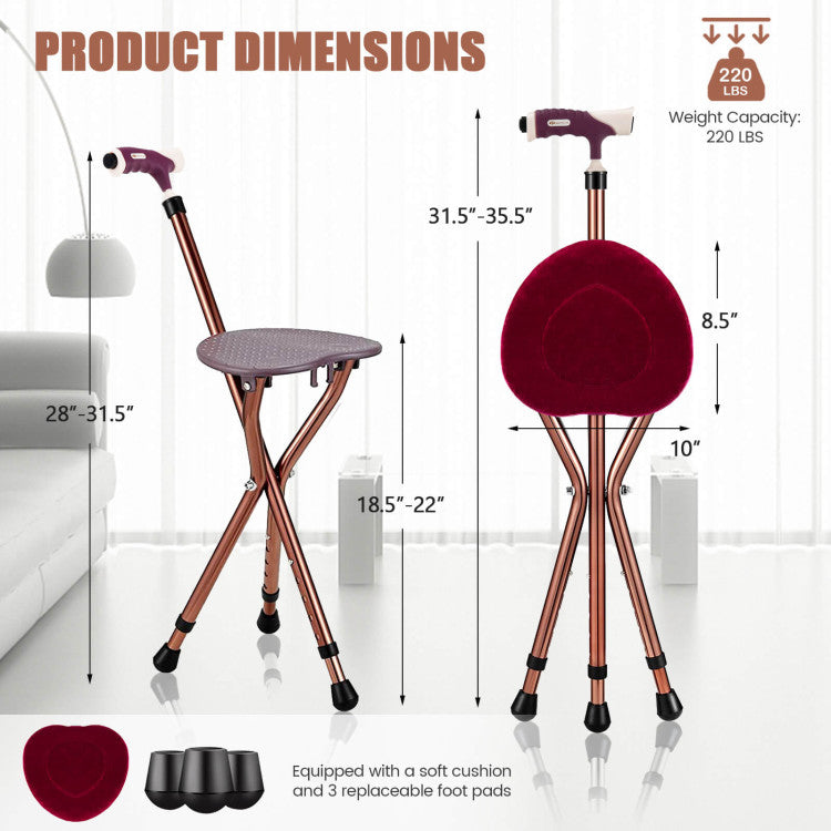 Lightweight Adjustable Folding Cane Seat with LED Light