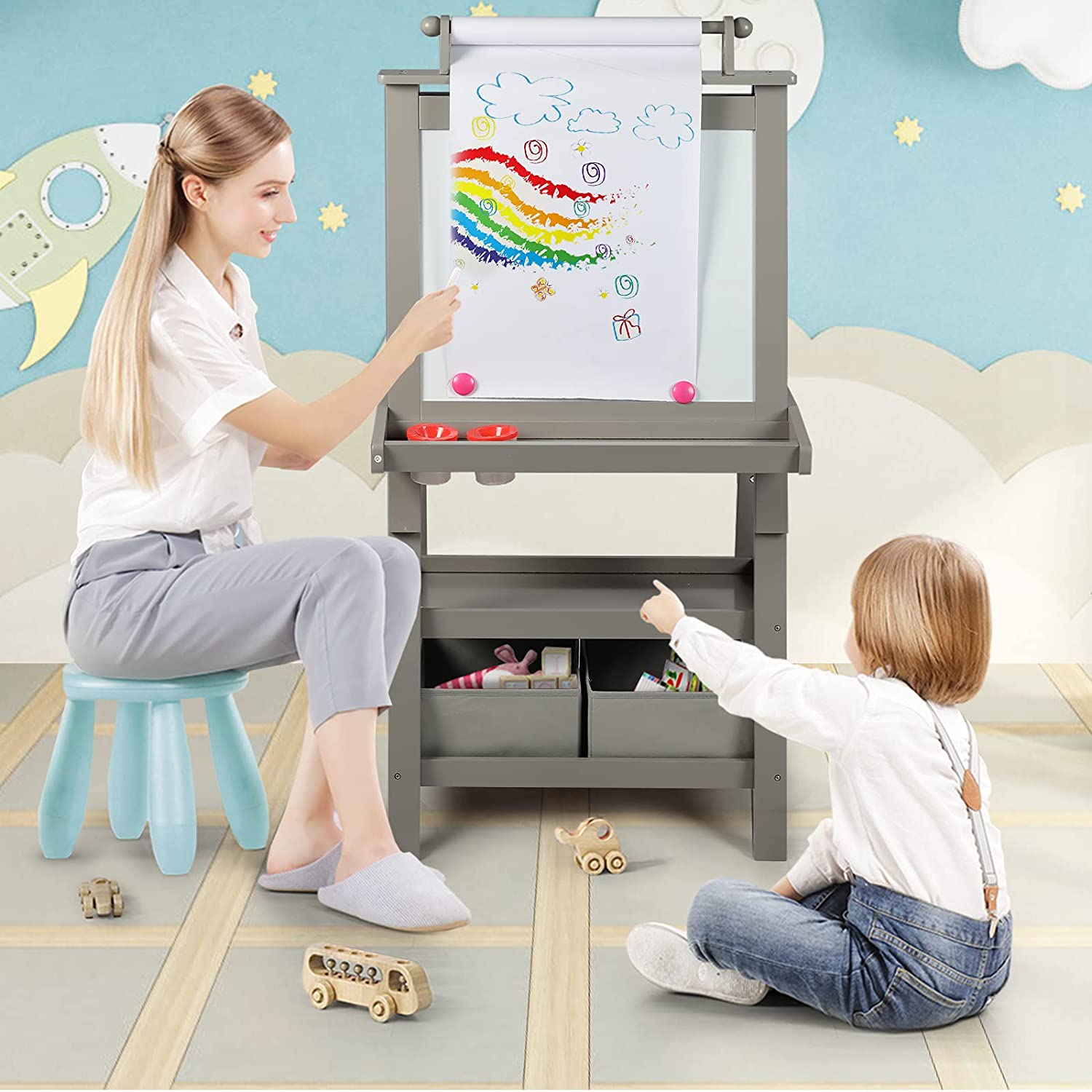 MDF Kids Art Easels with Storage Space and Chalk Board