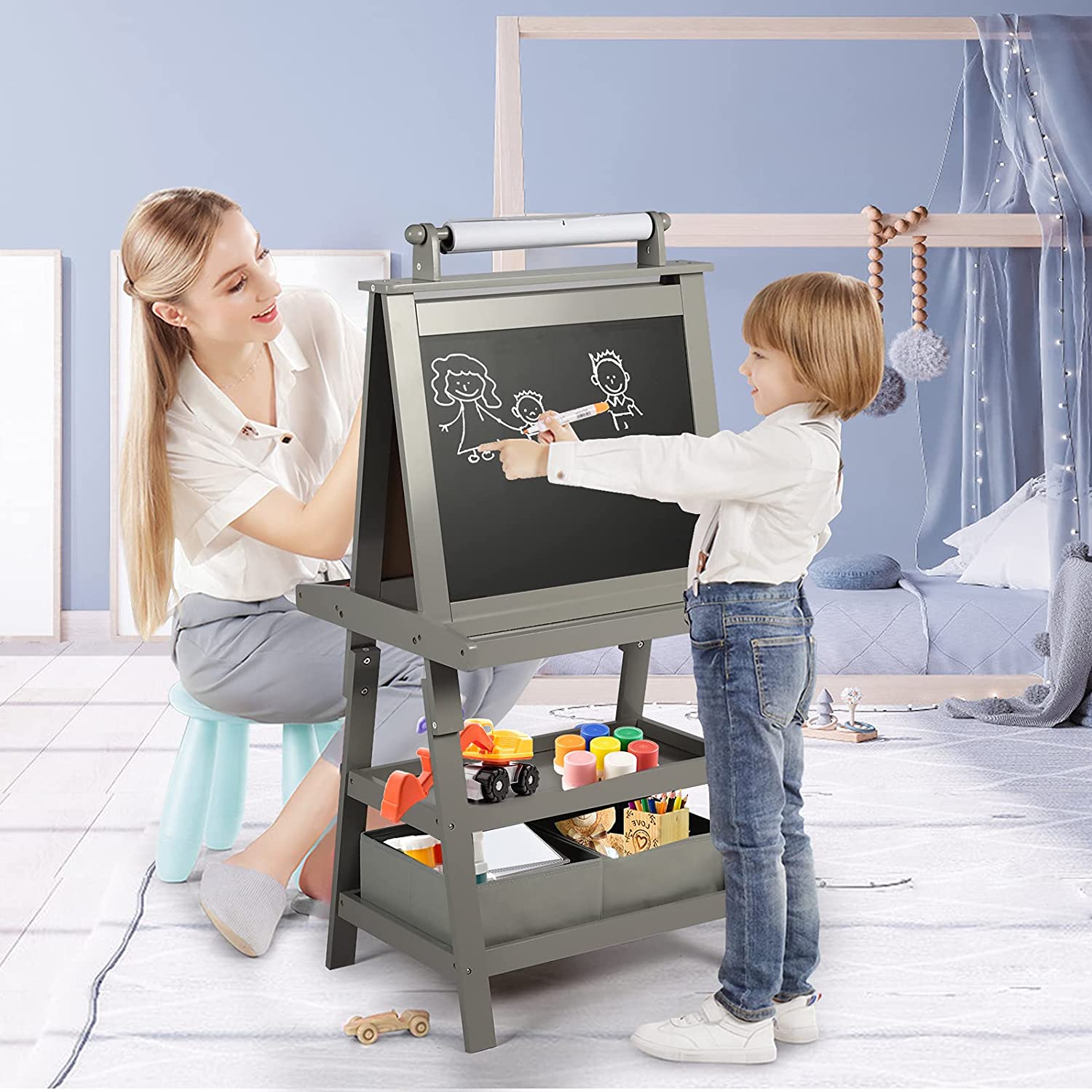 MDF Kids Art Easels with Storage Space and Chalk Board