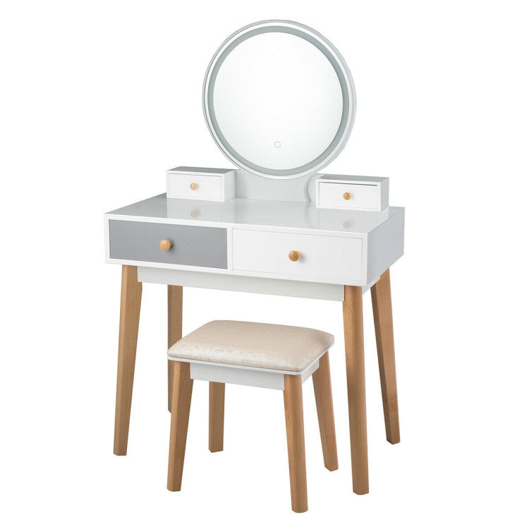 Makeup Dressing Table Stool Set with 4 Drawers and  Three-color Lighted Mirror