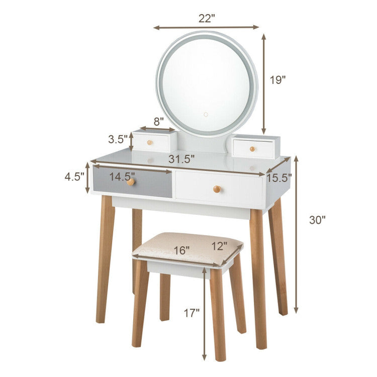 Makeup Dressing Table Stool Set with 4 Drawers and  Three-color Lighted Mirror