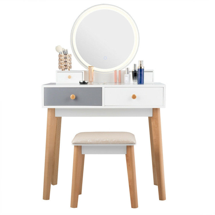 Makeup Dressing Table Stool Set with 4 Drawers and  Three-color Lighted Mirror