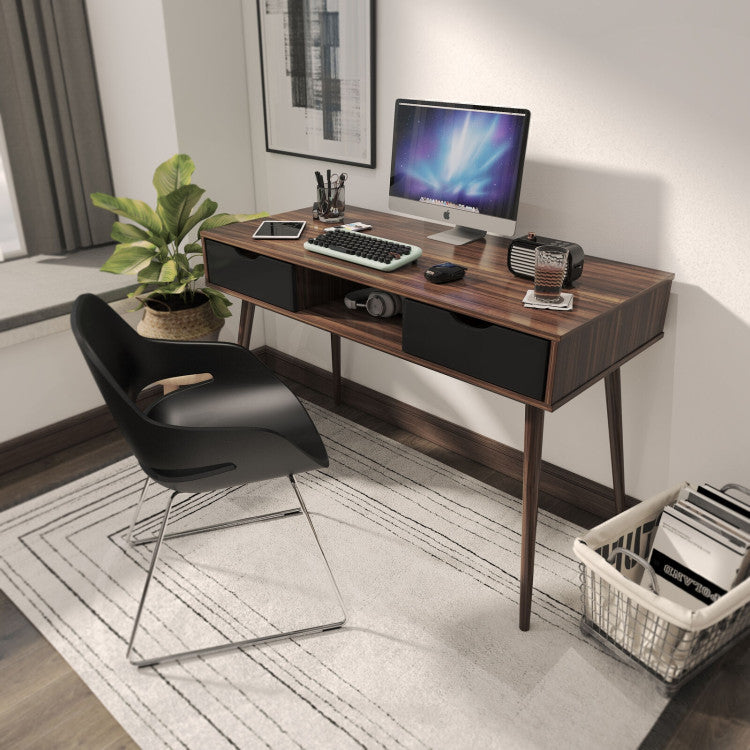 Mid-Century Wooden Computer Desk with 2 Storage Drawers for Home & Office