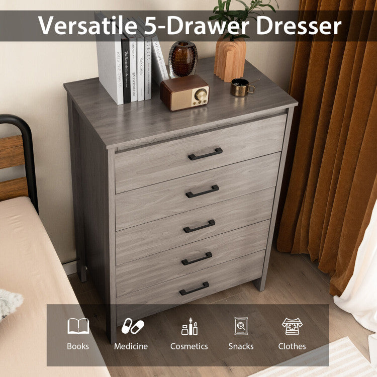 Modern 5-Drawer Chest Dresser with Metal Handles for Bedrooms, Nurseries, and Entryways