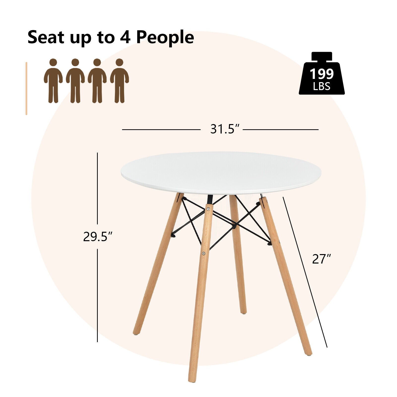 Modern Kitchen Round Dining Room Table with Solid Beech Wood Legs with TSCA Certification for Small Places