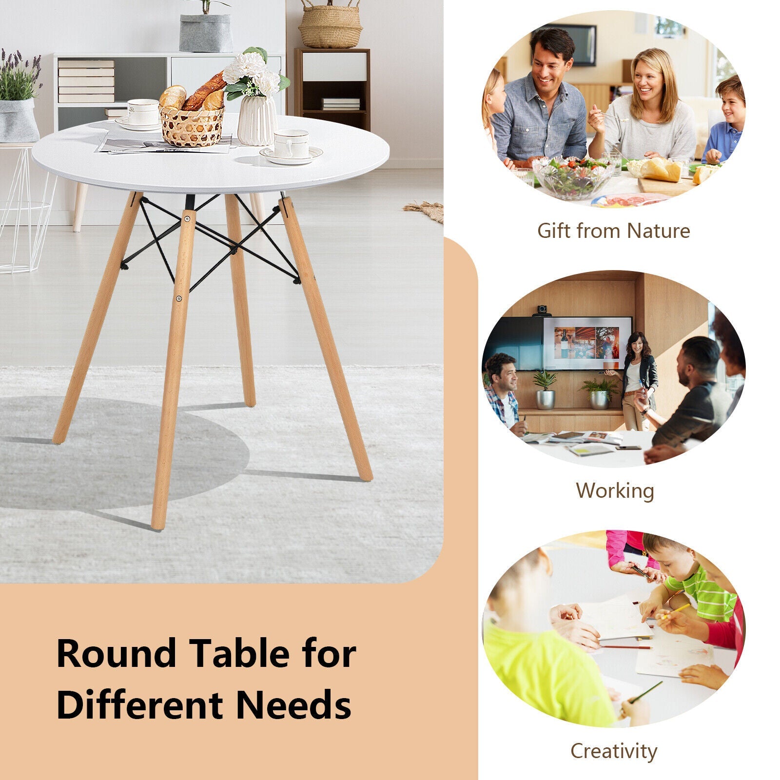 Modern Kitchen Round Dining Room Table with Solid Beech Wood Legs with TSCA Certification for Small Places