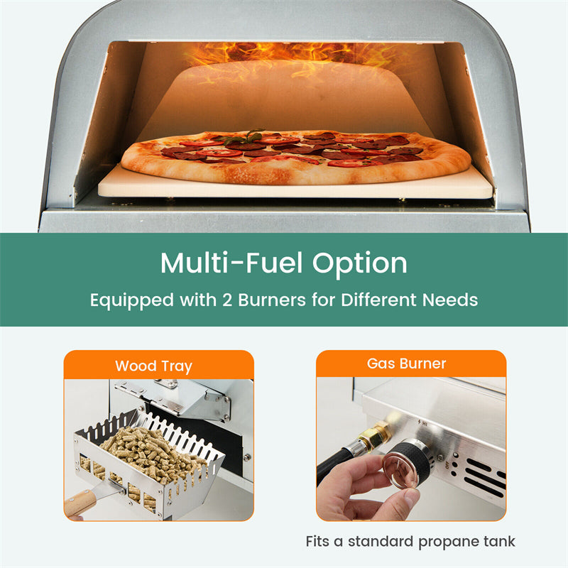 Multi-Fuel Pizza Oven Outdoor Wood Fired Propane Pizza Oven Portable Pizza Maker with Pizza Stone & Built-in Thermometer