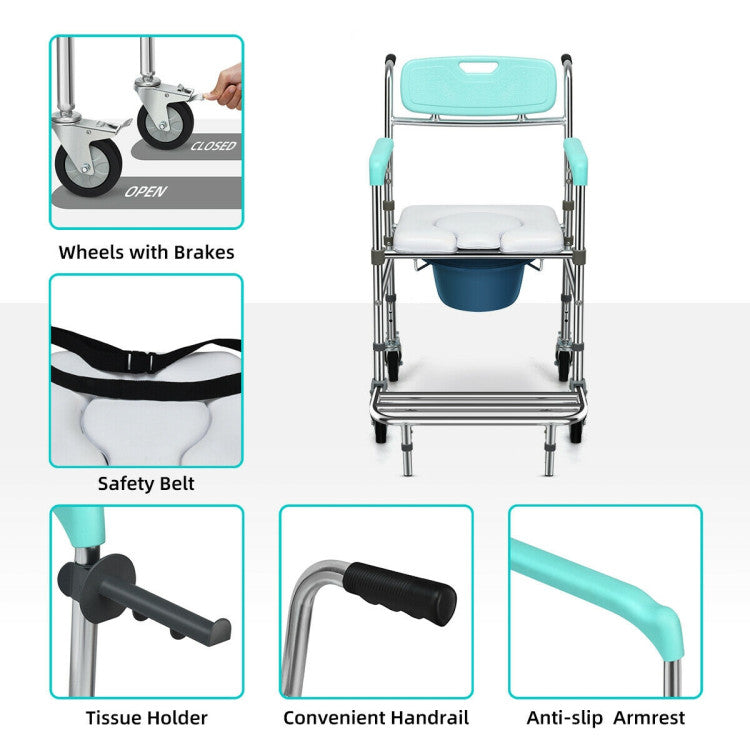 Multifunctional Adjustable Height Rolling Commode Chair with Removable Toilet